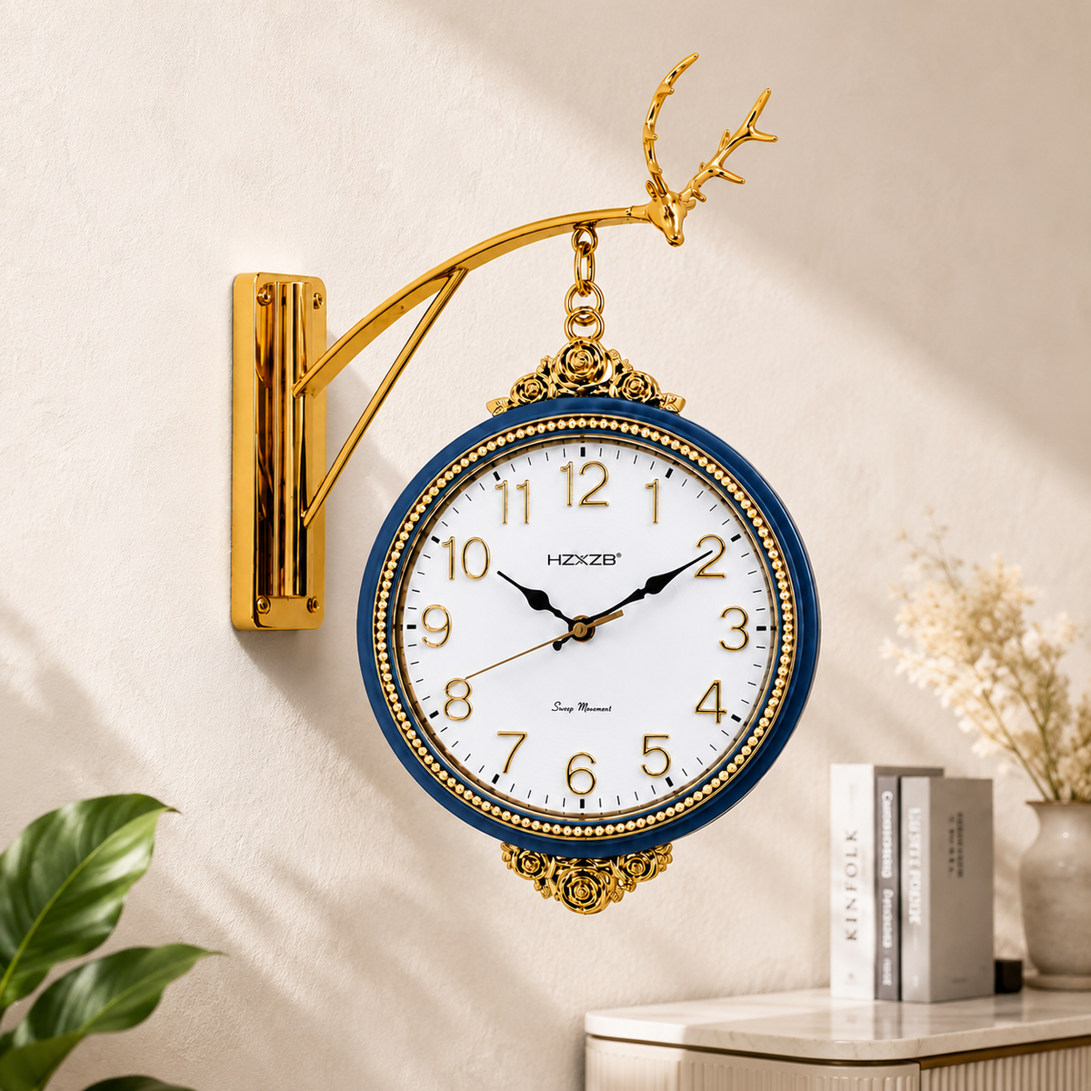 Blue & Golden Vintage Metal & PVC Hanging Wall Clock 20 Inch with 12 Inch Dial