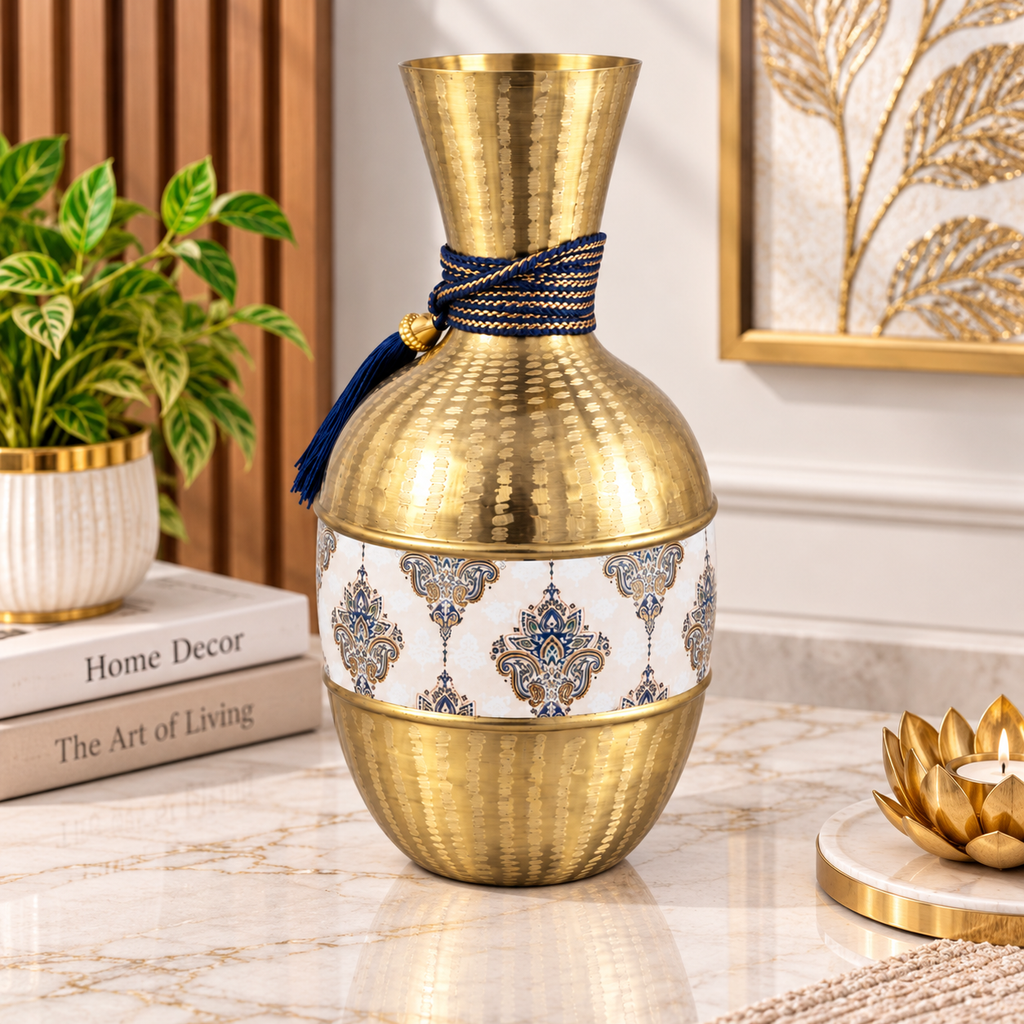 Golden Metal Decorative Vase with Blue Rope Detailing for Home & Office Decor
