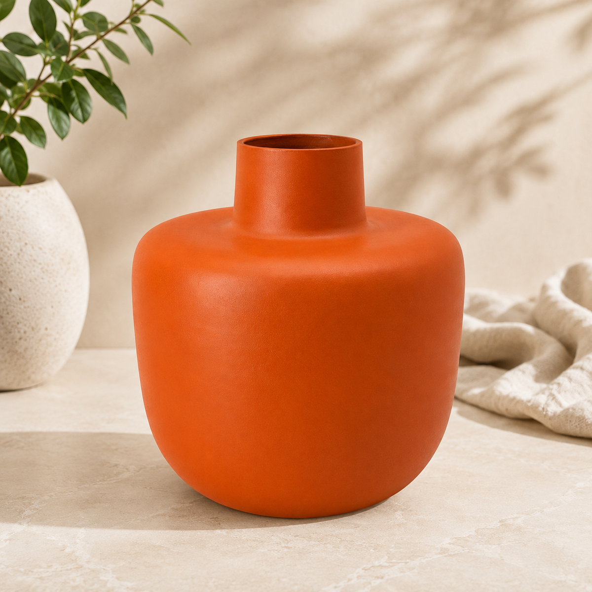 Orange Metal Decorative Vase 7.5 x 6 Inch Modern Minimalist Home Décor