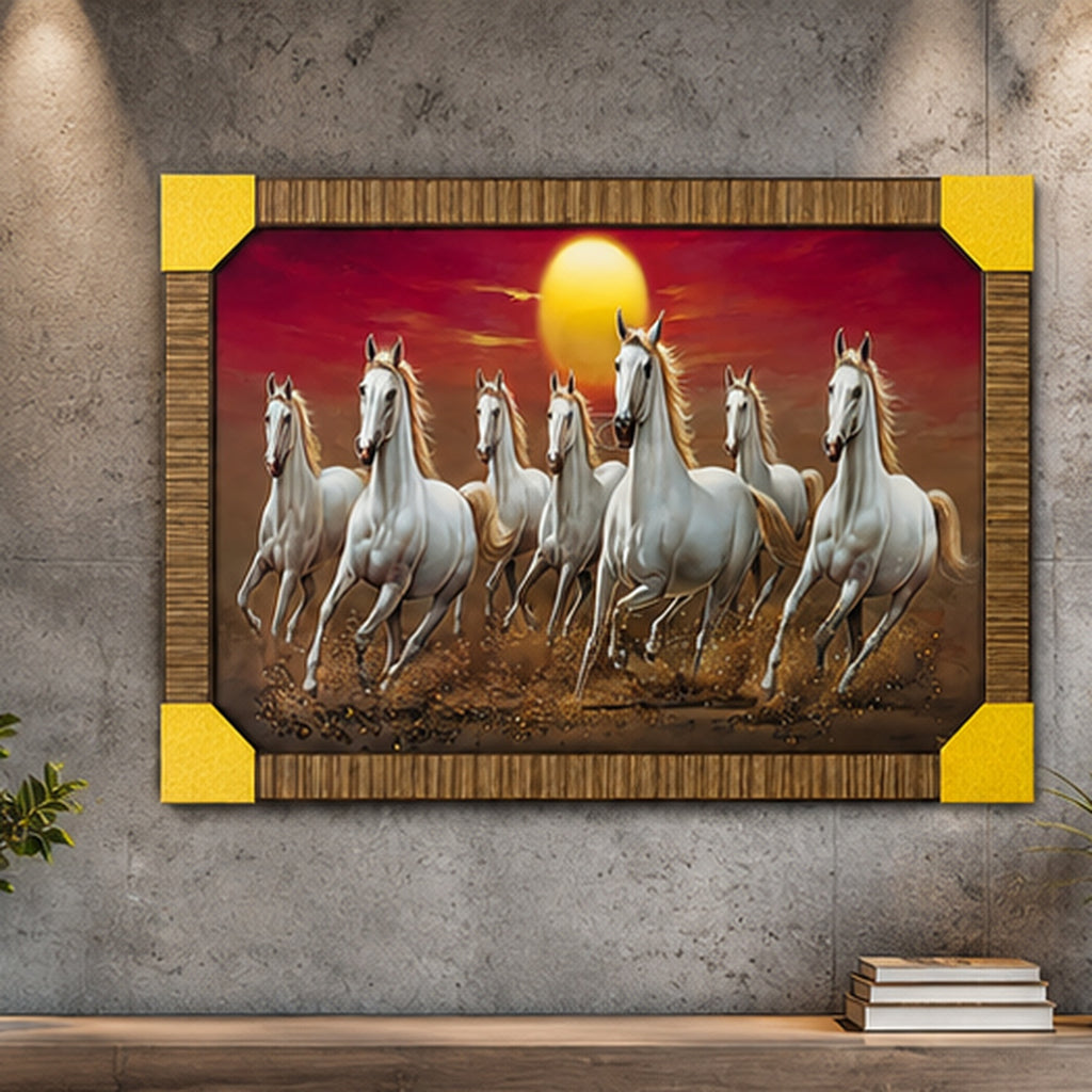 Seven Running Horses Framed Wall Painting – Premium Decorative Wall Art for Home & Office