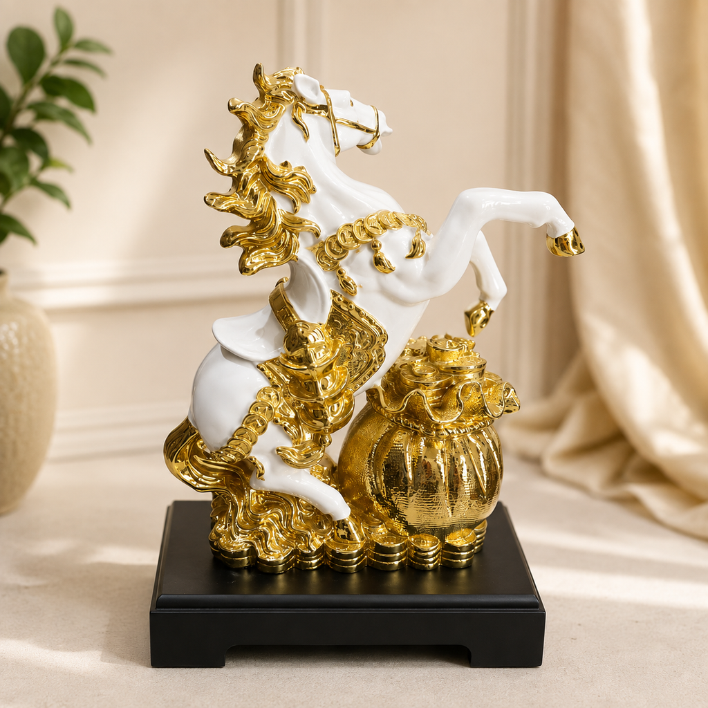 Golden & White Horse Showpiece 13 x 8 Inch Decorative Statue for Home Décor