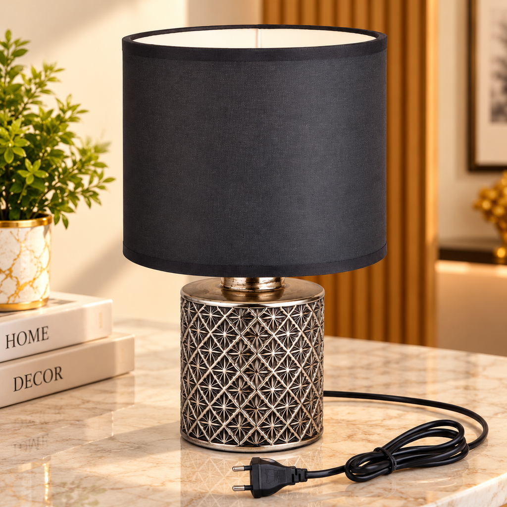 Black Ceramic Table Lamp with Fabric Shade and Golden Finish