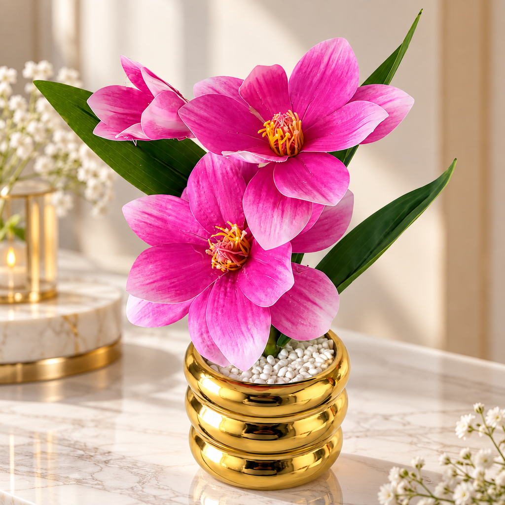 Pink Artificial Flower Pot with Golden Ceramic Vase | Home Décor