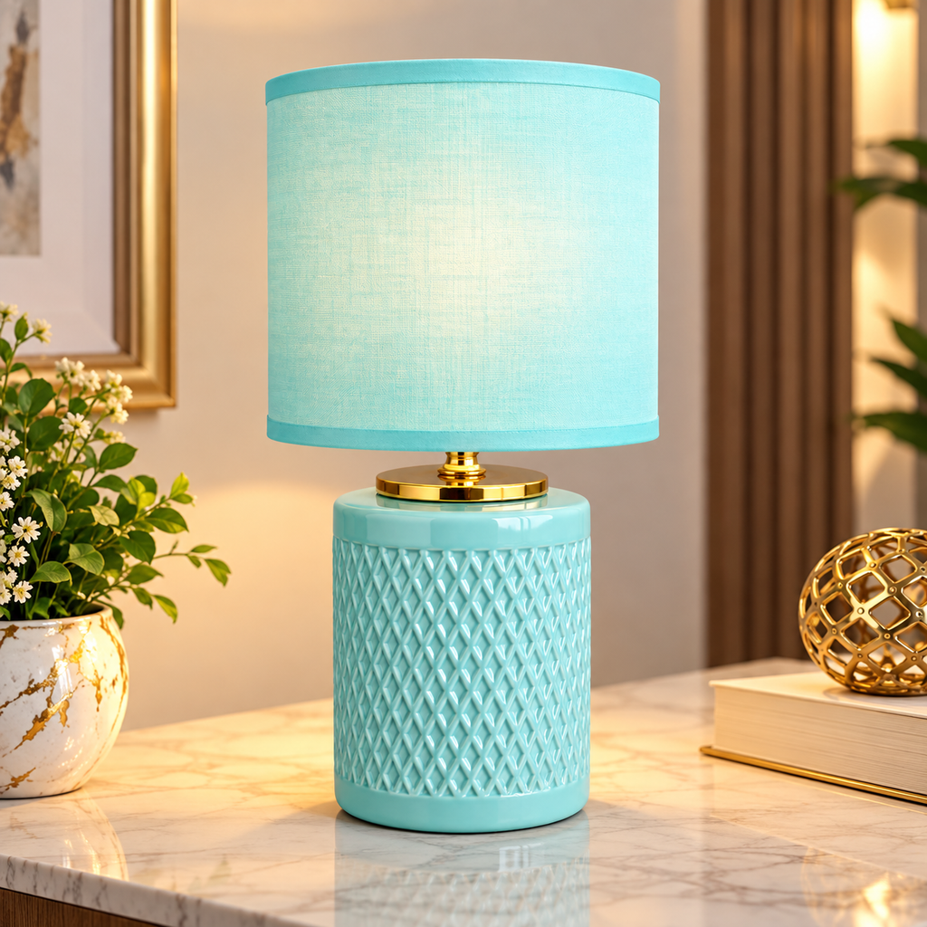 Turquoise Ceramic Table Lamp with Fabric Shade and Golden Finish
