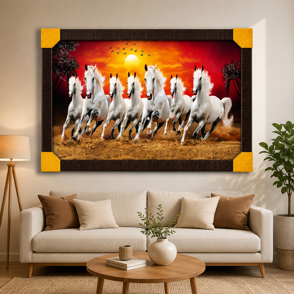 Seven Running Horses Framed Wall Painting 30 x 24 Inch for Home Décor