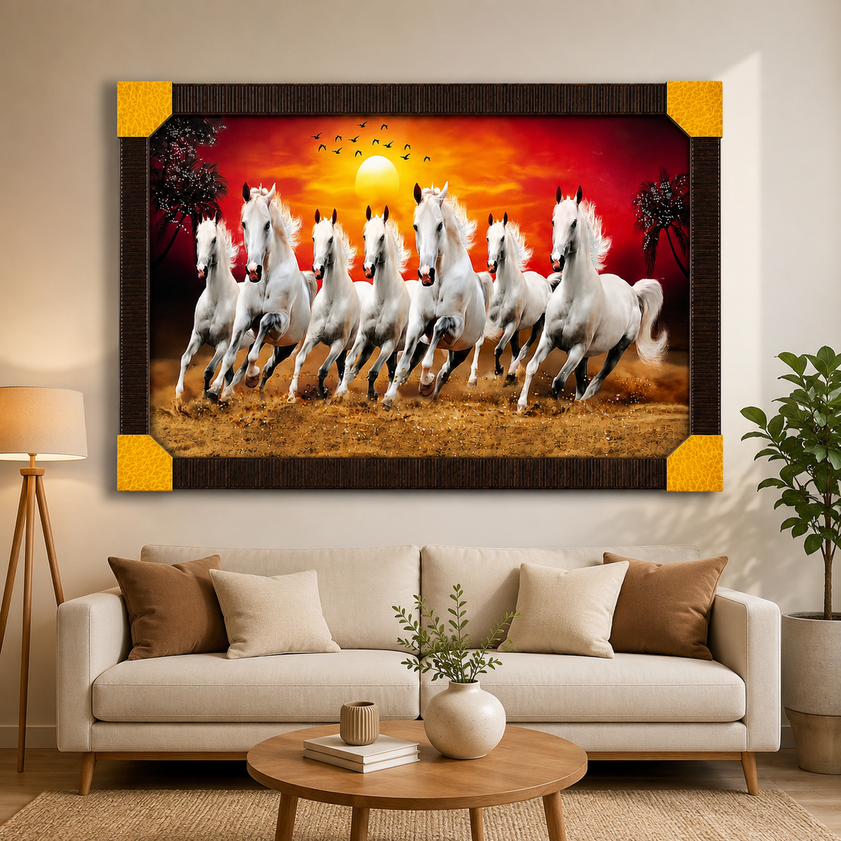 Seven Running Horses Framed Wall Painting 30 x 24 Inch for Home Décor