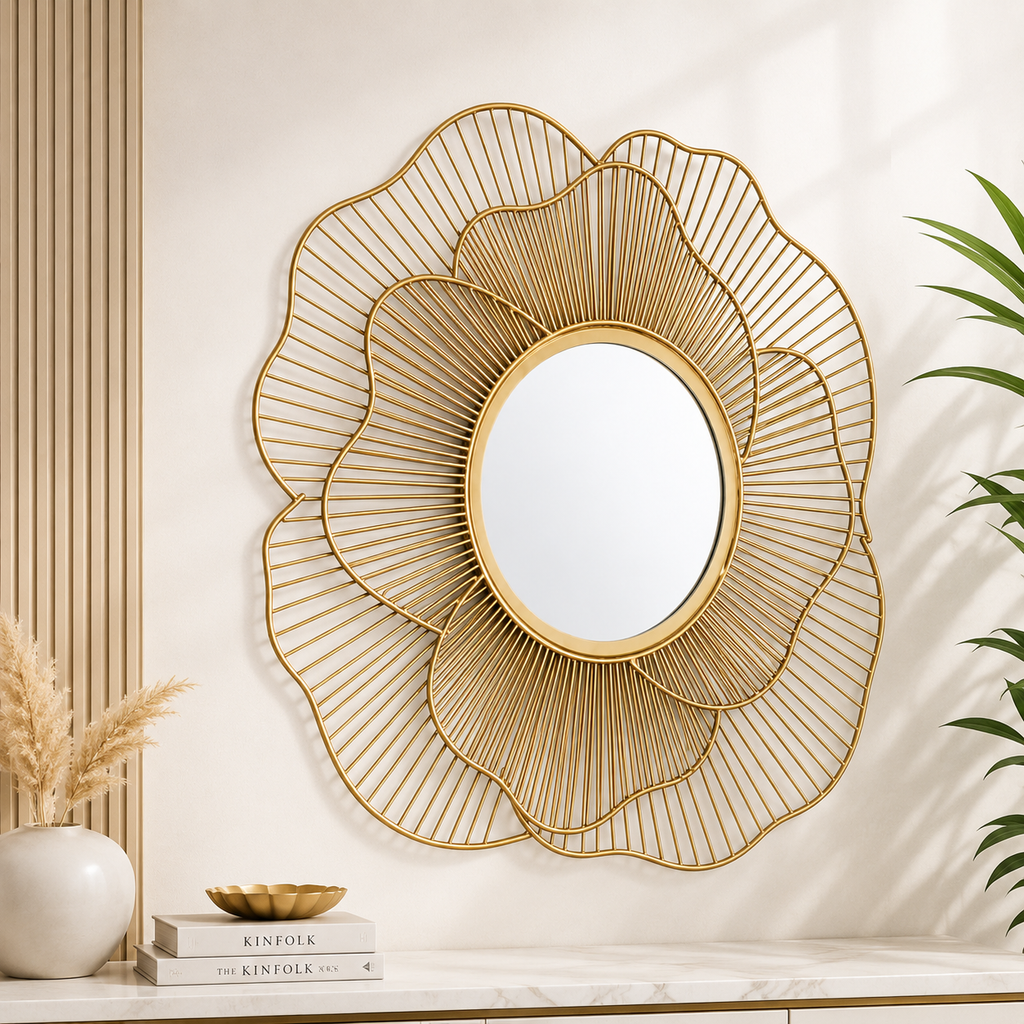 Elegant Gold Metal Accent Wall Mirror – 24 Inch Decorative Floral Design