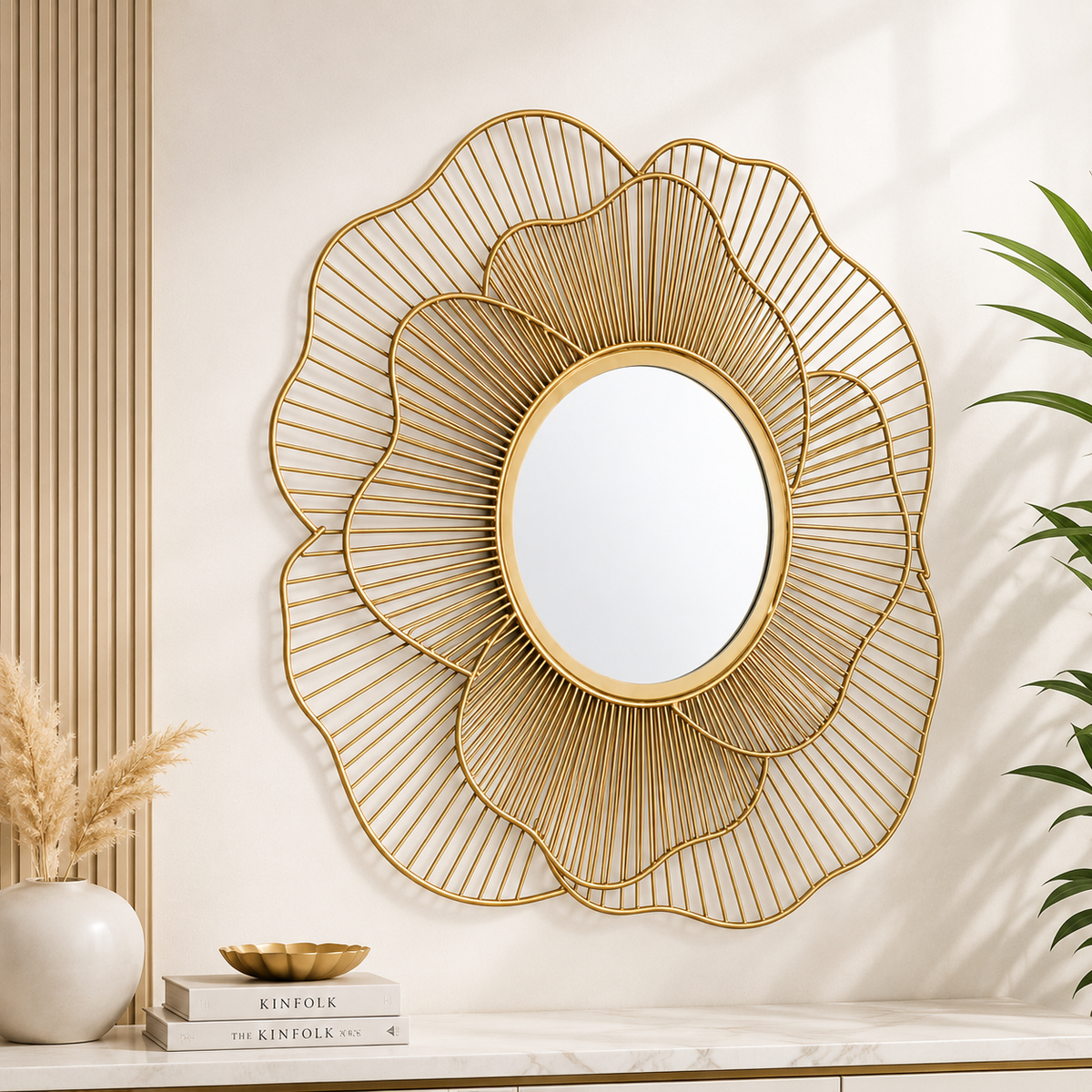 Elegant Gold Metal Accent Wall Mirror – 24 Inch Decorative Floral Design