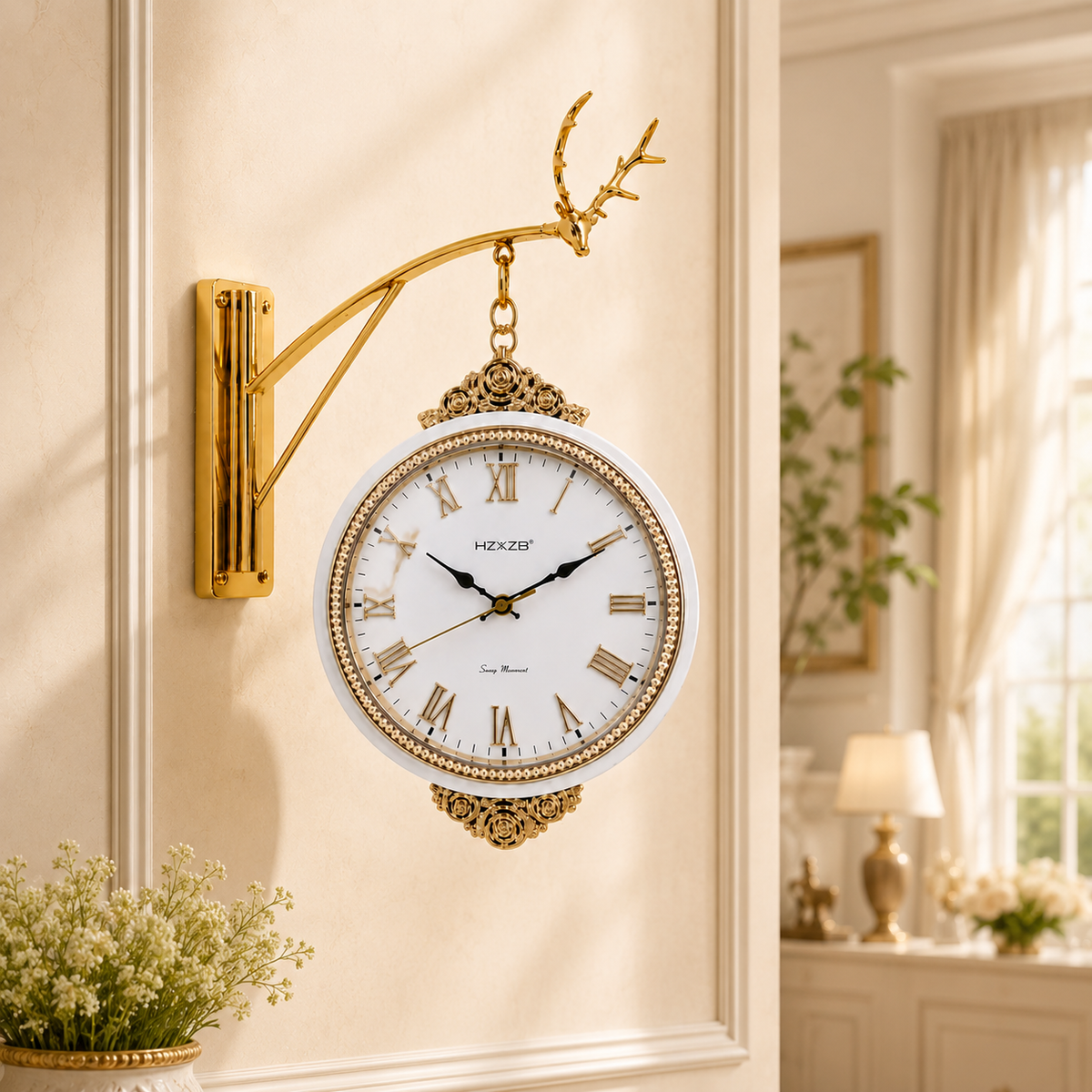 white & Golden Vintage Metal & PVC Wall Clock 20 Inch with 12 Inch Dial for Décor