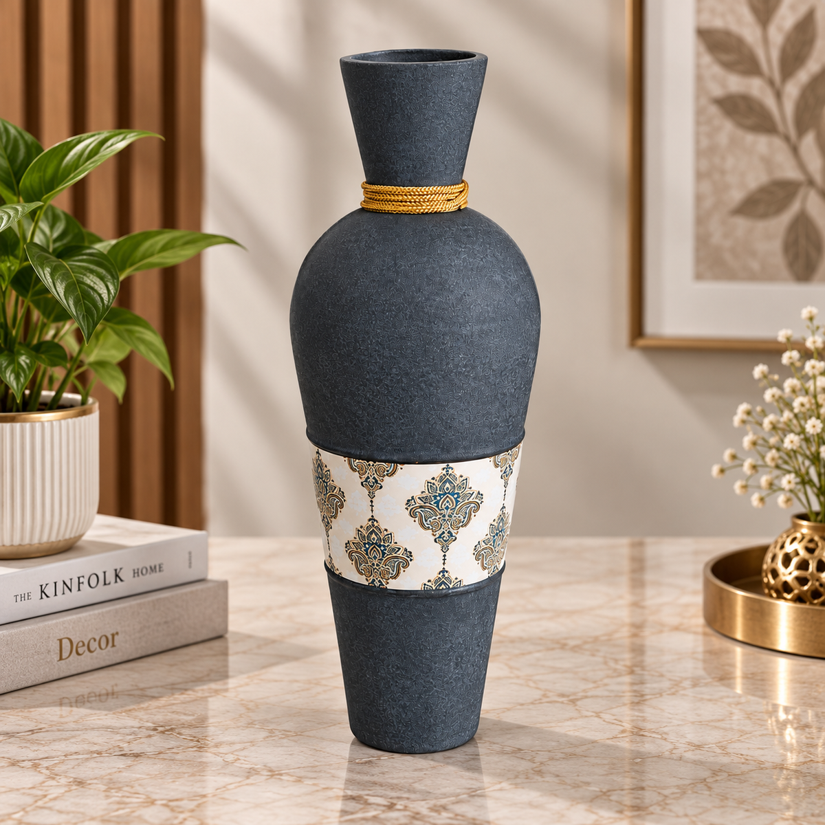 Blue Metal Decorative Vase with Golden Tassel & Premium Pattern for Home Decor