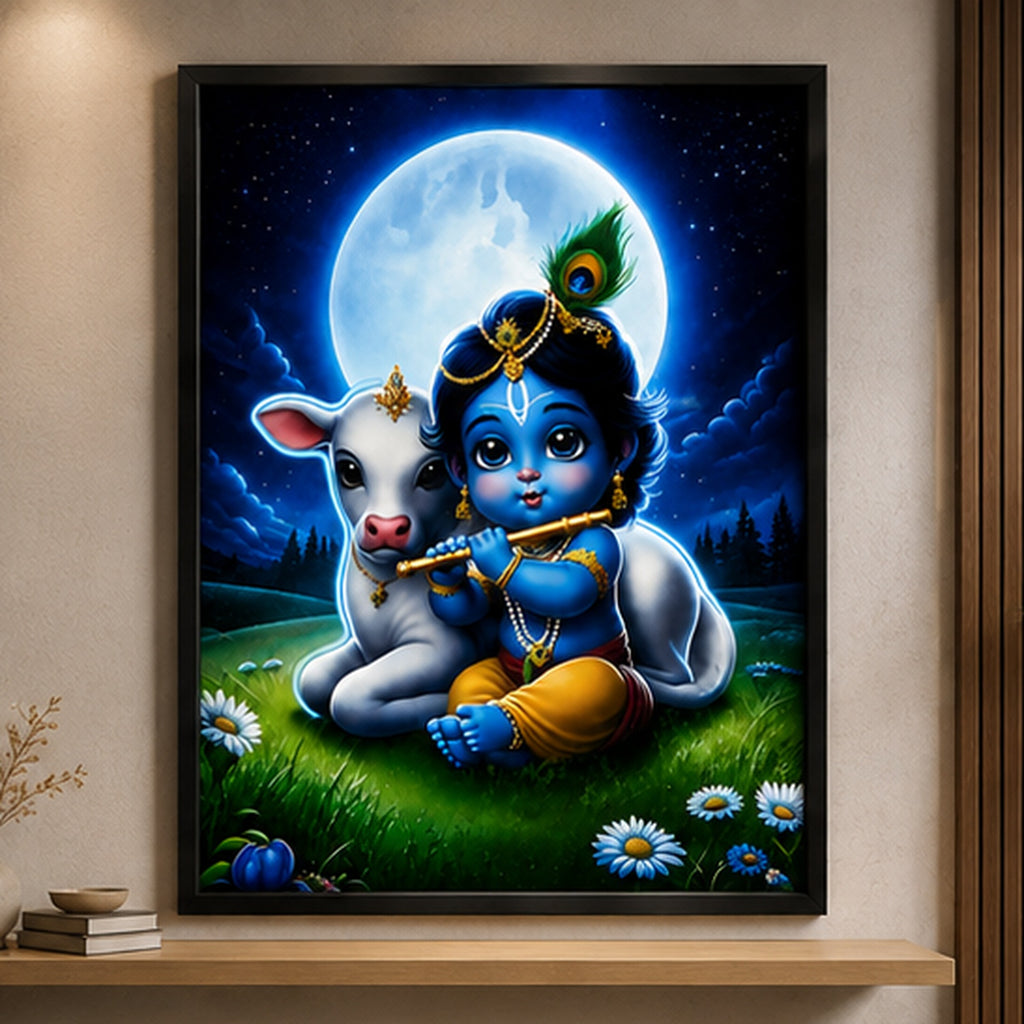 Bal Krishna Wall Painting | Cute Krishna Ji with Cow Religious Wall Art Decor