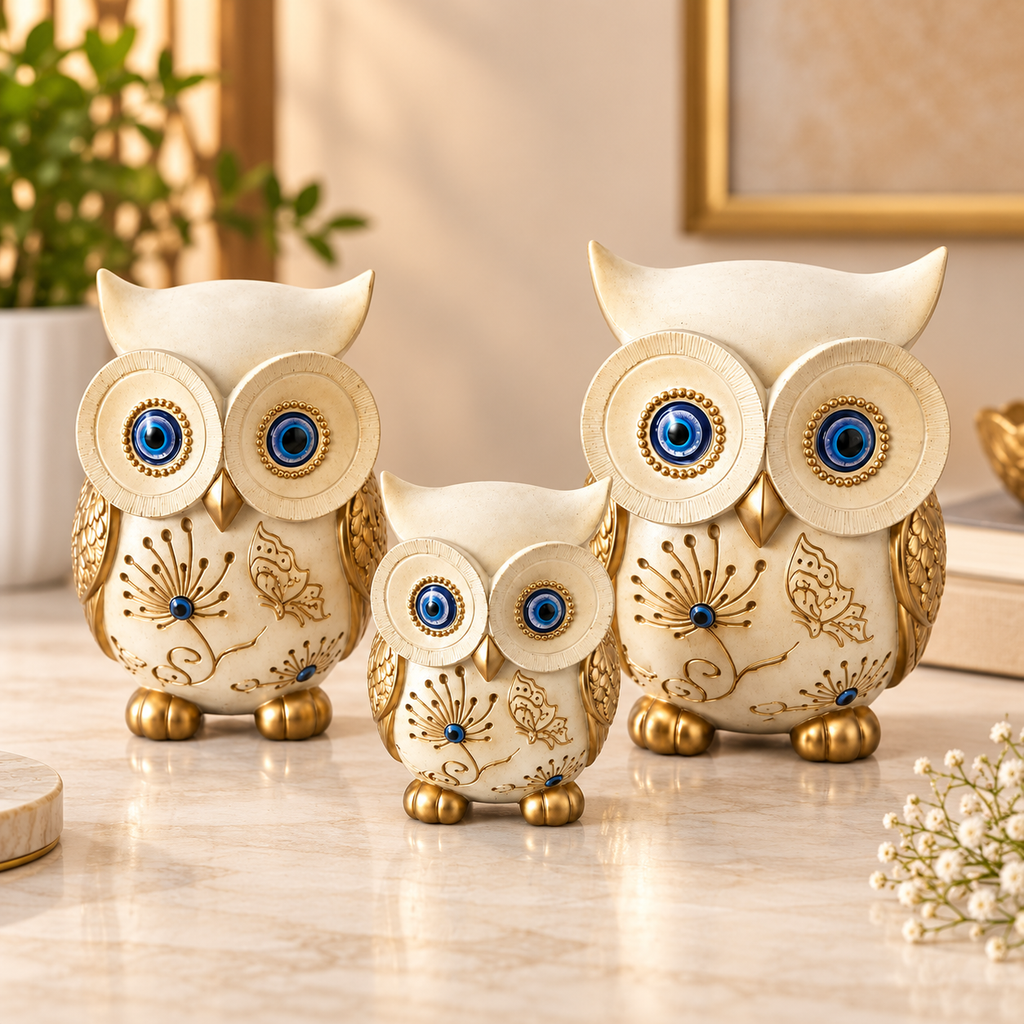 Three Piece Owl Showpiece Set for Home Decor | Elegant Decorative Owl Figurines
