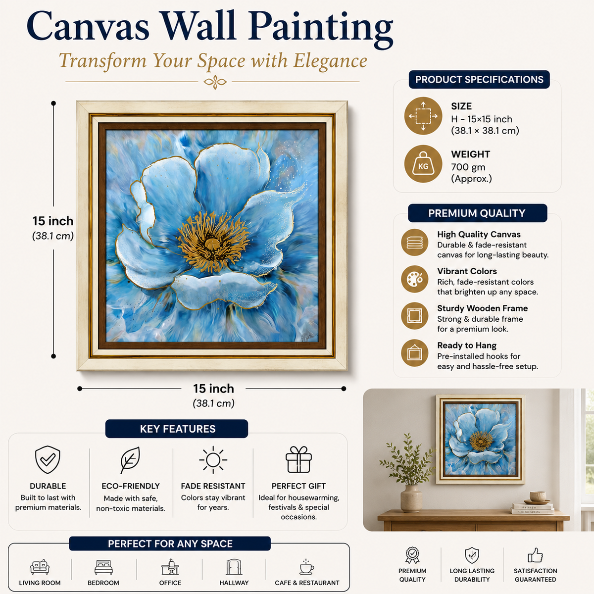 Blue Floral Canvas Wall Painting with Wooden Frame 15 x 15 Inch