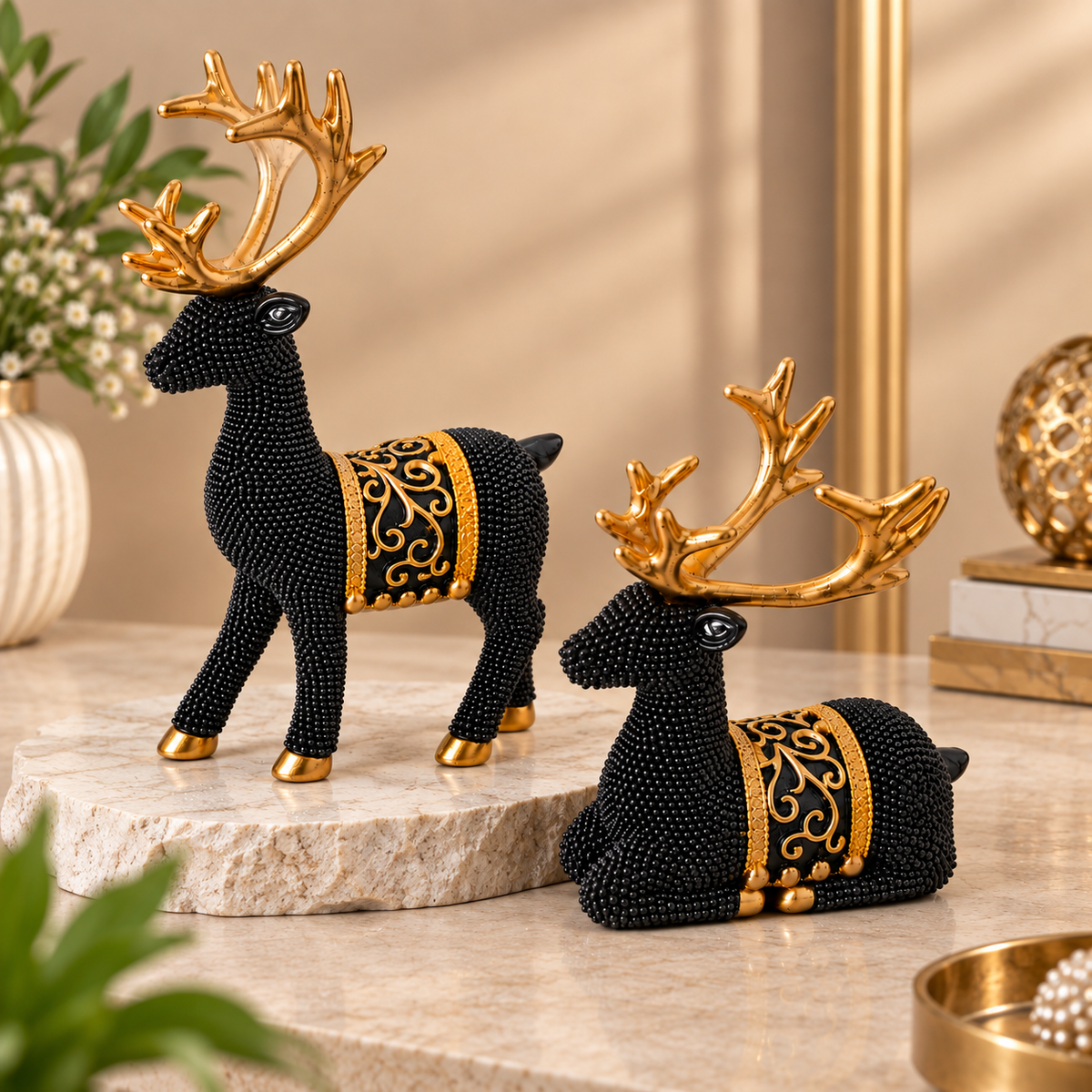 Black Deer Figurine Set with Golden Antlers | Elegant Deer Showpieces for Home Decor