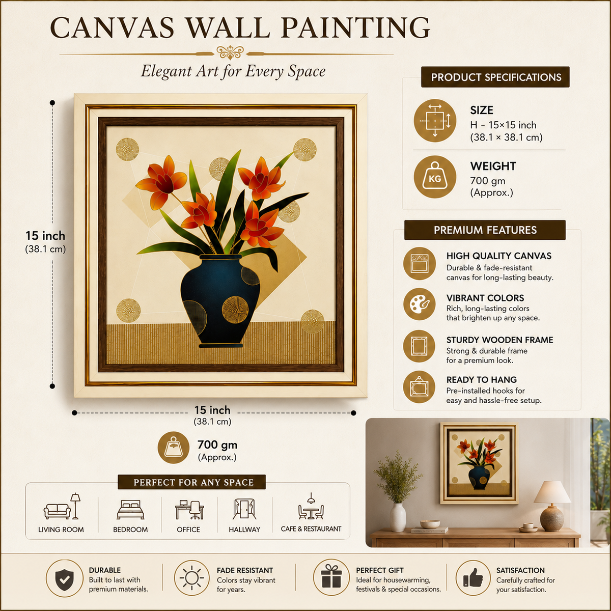 Orange Floral Canvas Wall Painting 15 x 15 Inch Framed Art for Home Décor