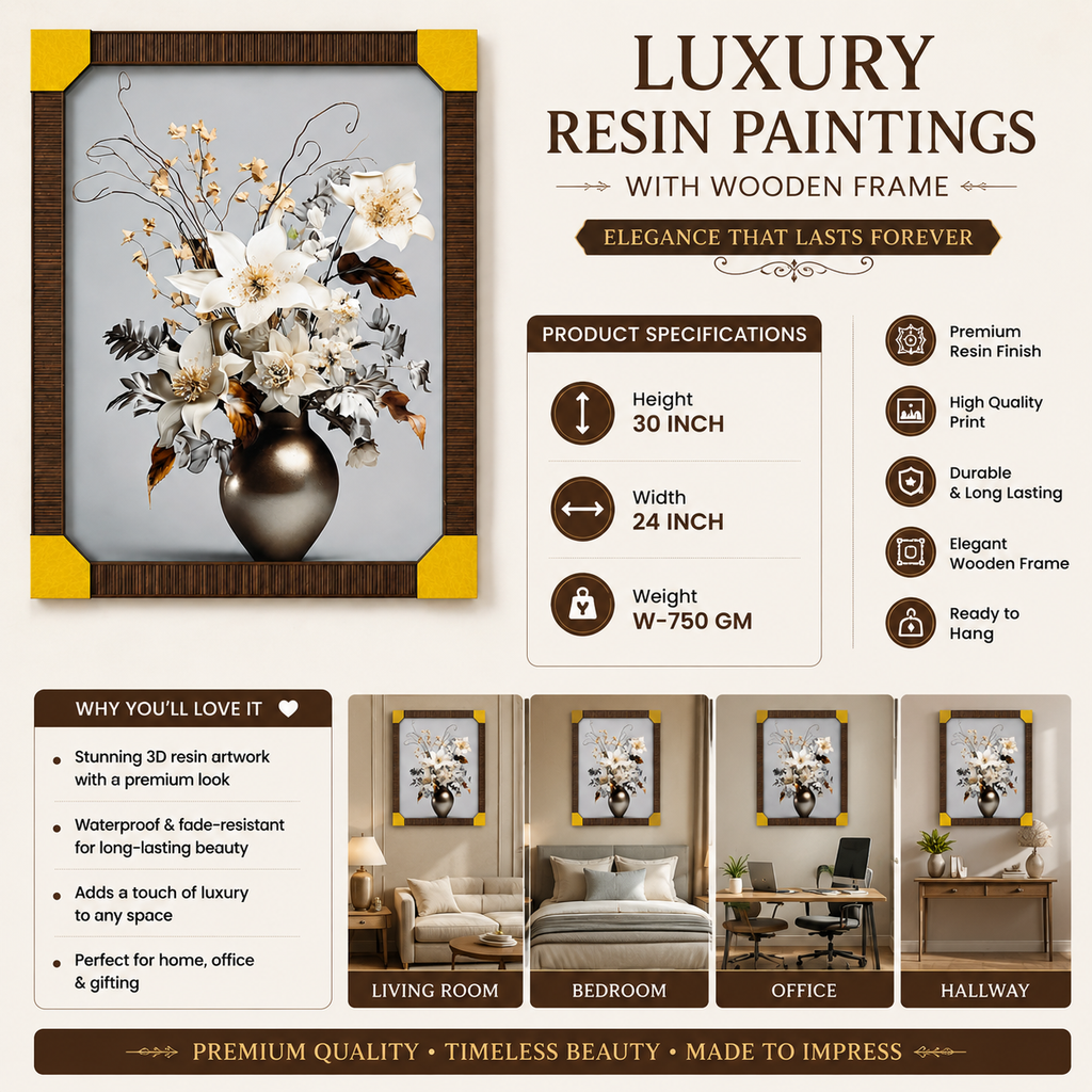Luxury Floral Resin Wall Painting with Wooden Frame – 30 × 24 Inch