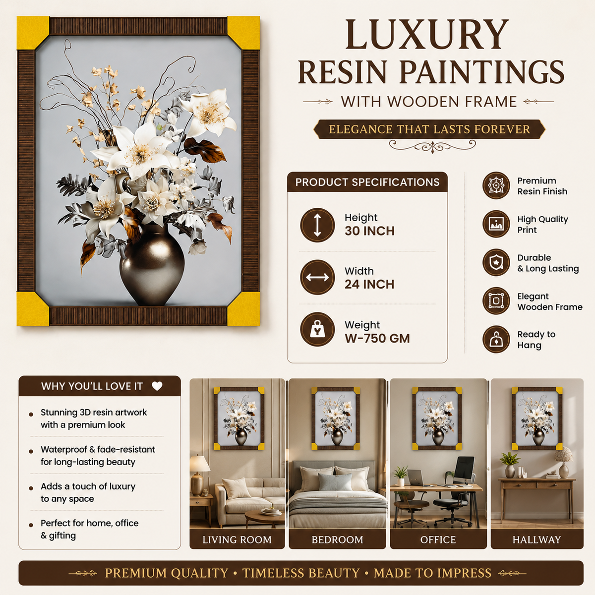Luxury Floral Resin Wall Painting with Wooden Frame – 30 × 24 Inch