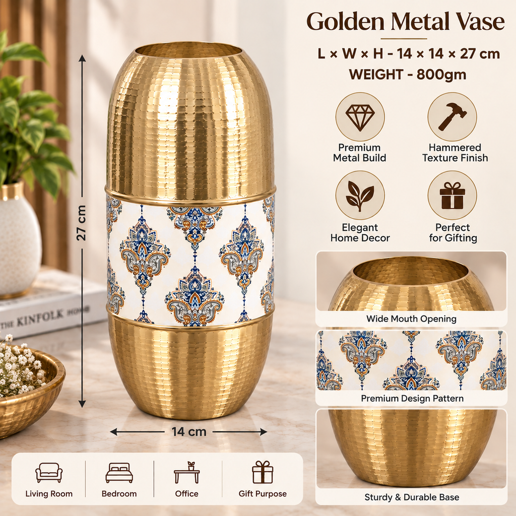 Golden Metal Decorative Vase with Hammered Finish & Premium Pattern for Home Decor