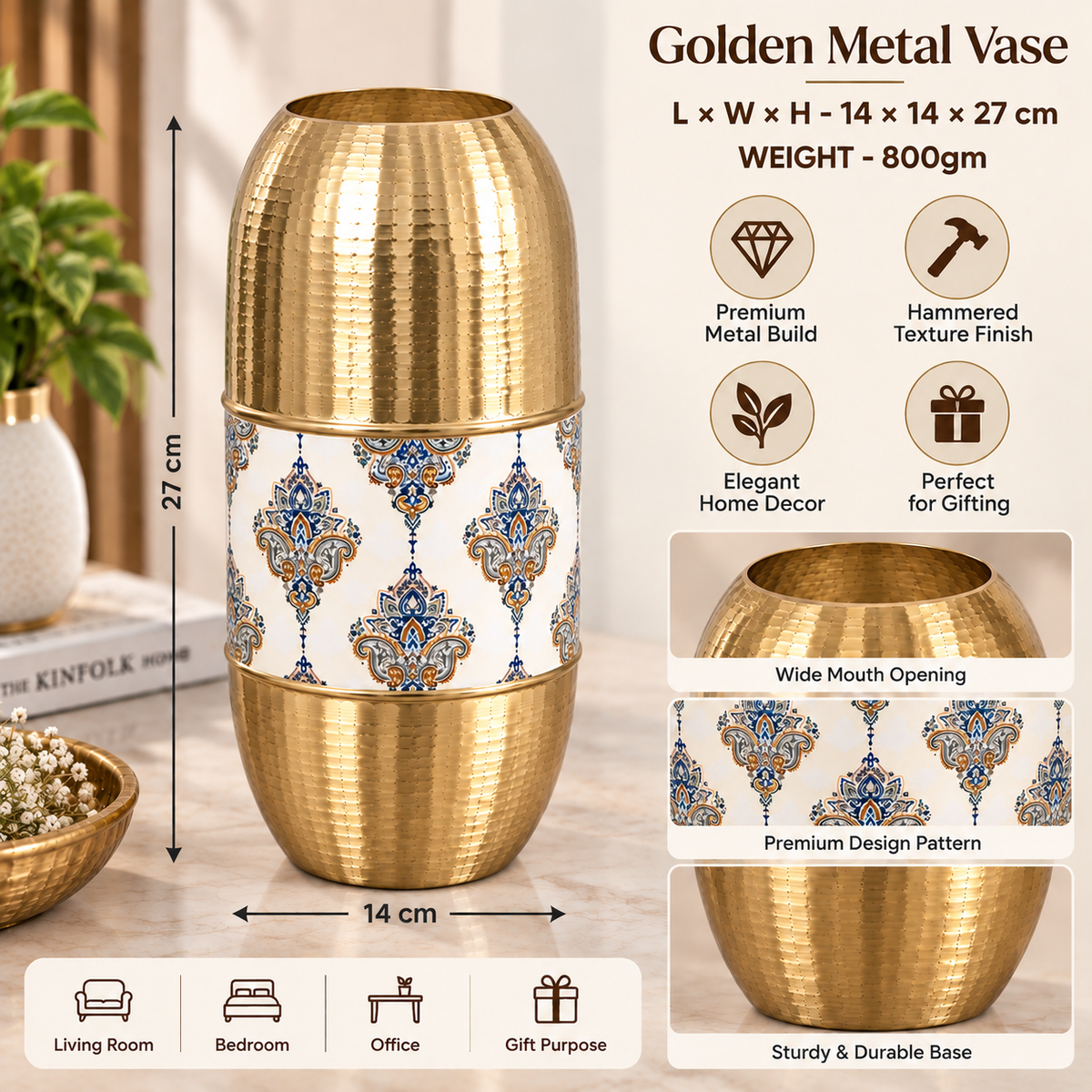 Golden Metal Decorative Vase with Hammered Finish & Premium Pattern for Home Decor