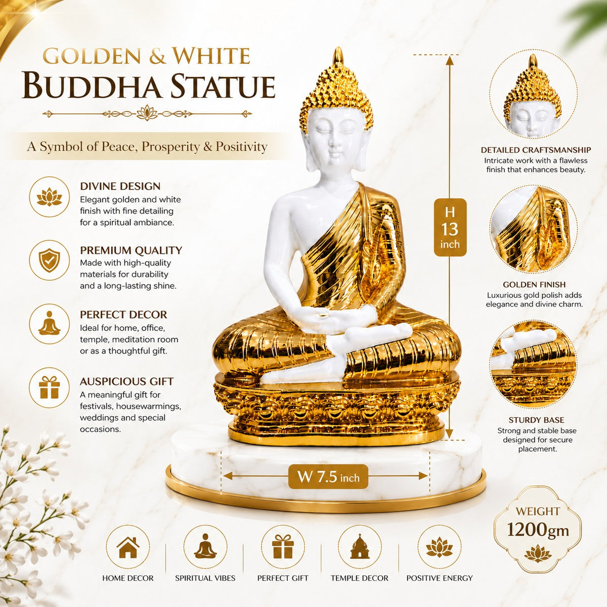 Golden & White Buddha Statue 13 x 7.5 Inch Decorative Idol for Home Décor