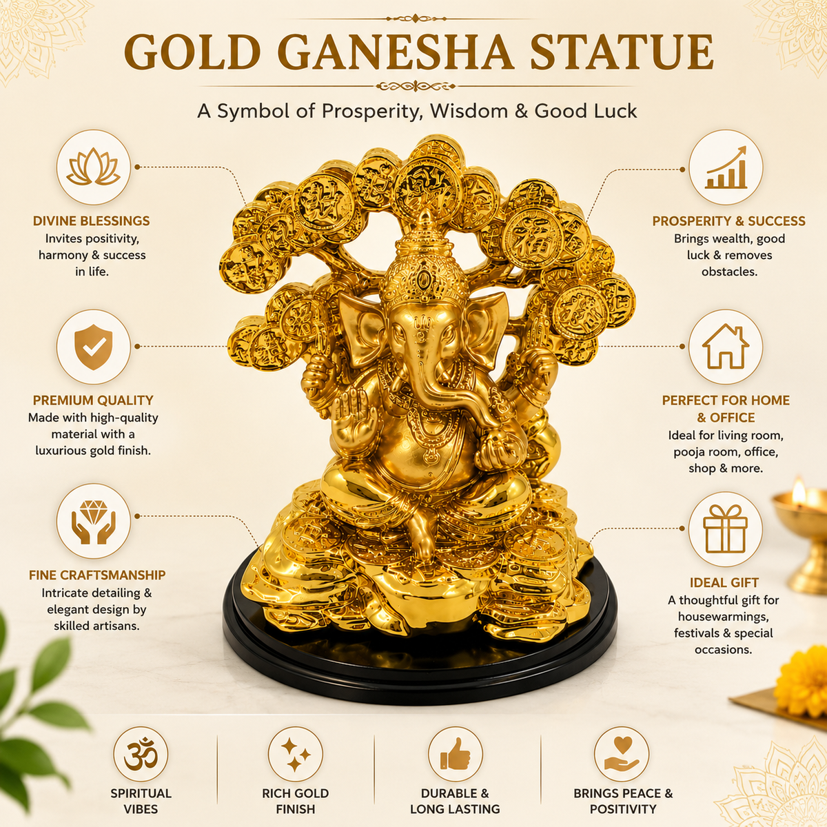 Gold Ganesha Statue Resin Idol | 15 x 12.5 cm Home Décor & Pooja Decor