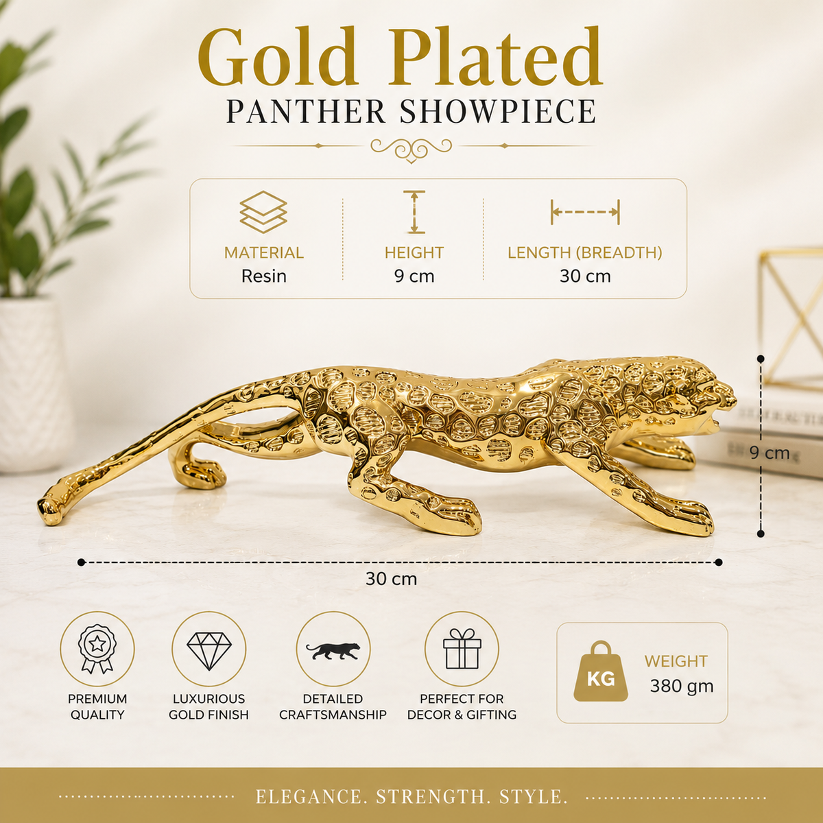 Gold Plated Panther Showpiece 30 x 9 cm Resin Animal Figurine Home Décor