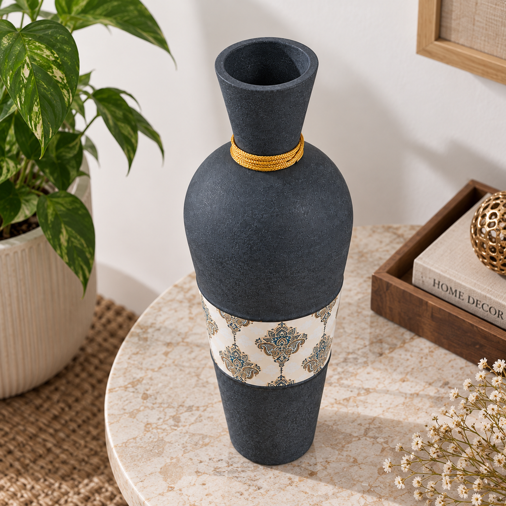 Blue Metal Decorative Vase with Golden Tassel & Premium Pattern for Home Decor