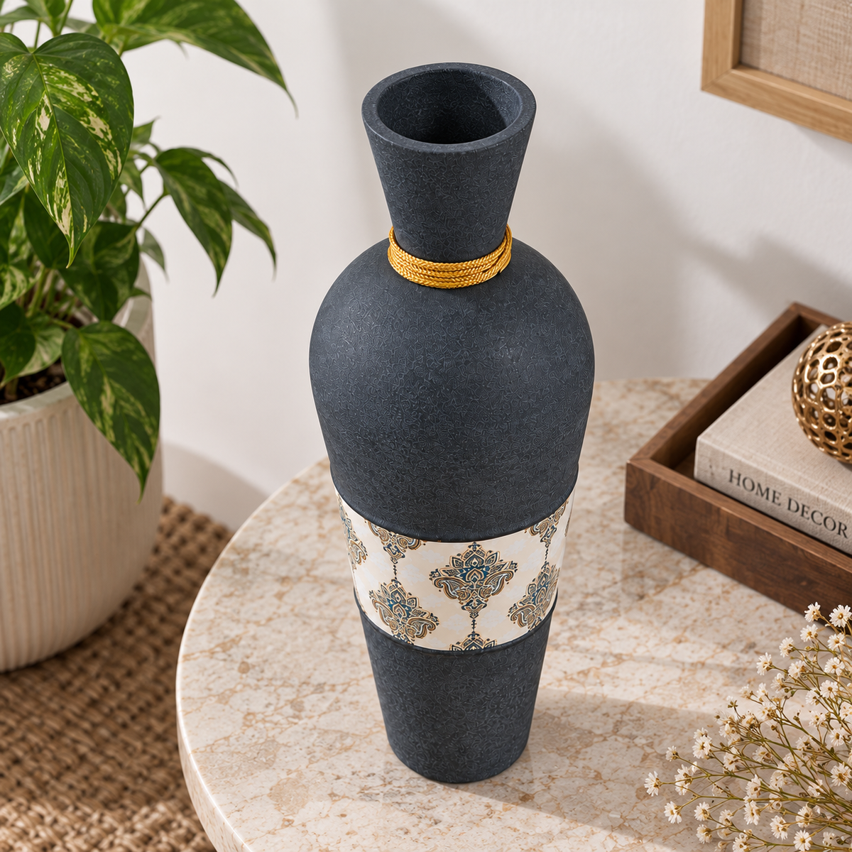 Blue Metal Decorative Vase with Golden Tassel & Premium Pattern for Home Decor