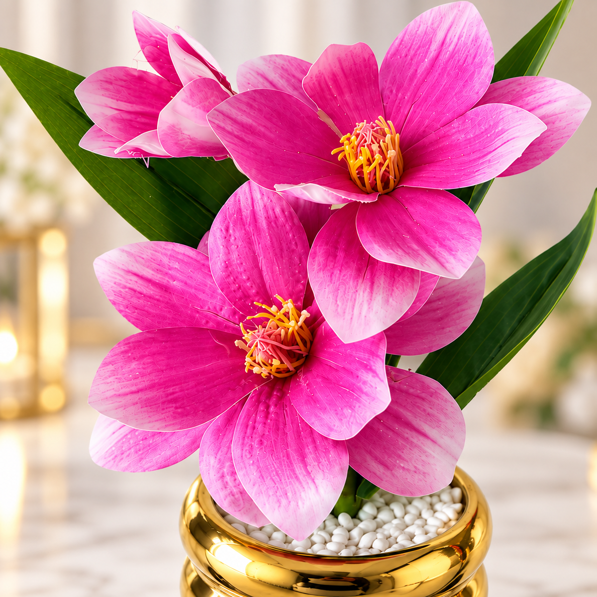 Pink Artificial Flower Pot with Golden Ceramic Vase | Home Décor