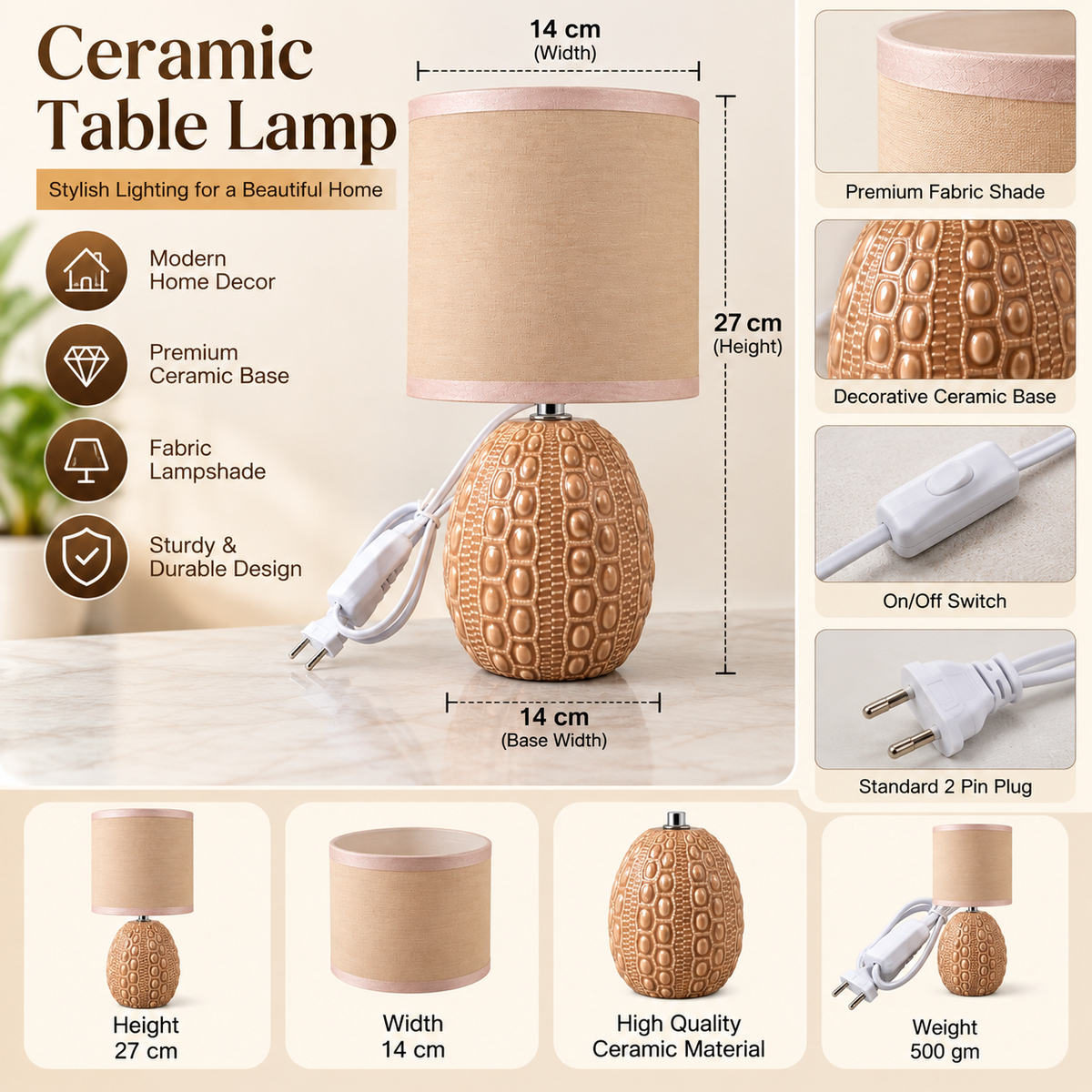 Ceramic Table Lamp with Fabric Shade for Home Décor
