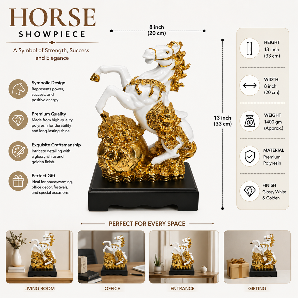 Golden & White Horse Showpiece 13 x 8 Inch Decorative Statue for Home Décor