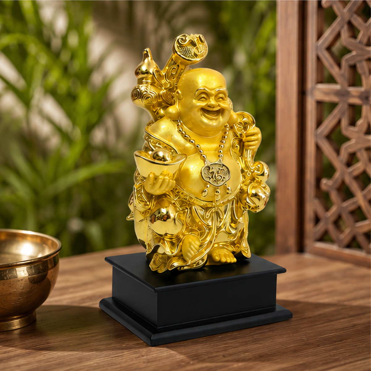 Golden Laughing Buddha Statue 11 x 7 Inch Decorative Idol for Home Décor