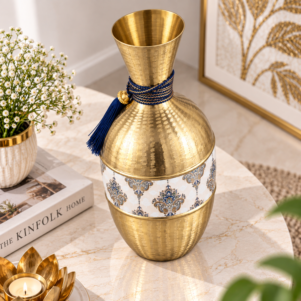 Golden Metal Decorative Vase with Blue Rope Detailing for Home & Office Decor