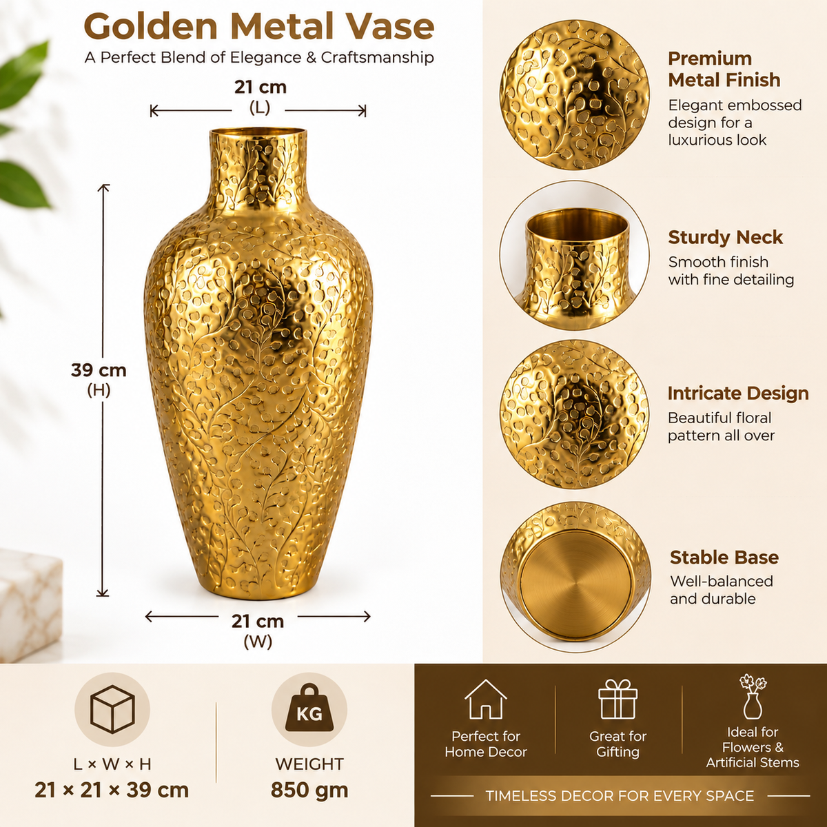 Golden Metal Decorative Vase with Embossed Floral Design – 21 × 21 × 39 cm