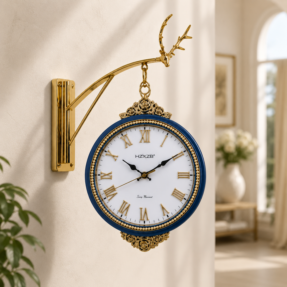 Blue & Golden Vintage Metal & PVC Hanging Wall Clock 20 Inch with 12 Inch Dial