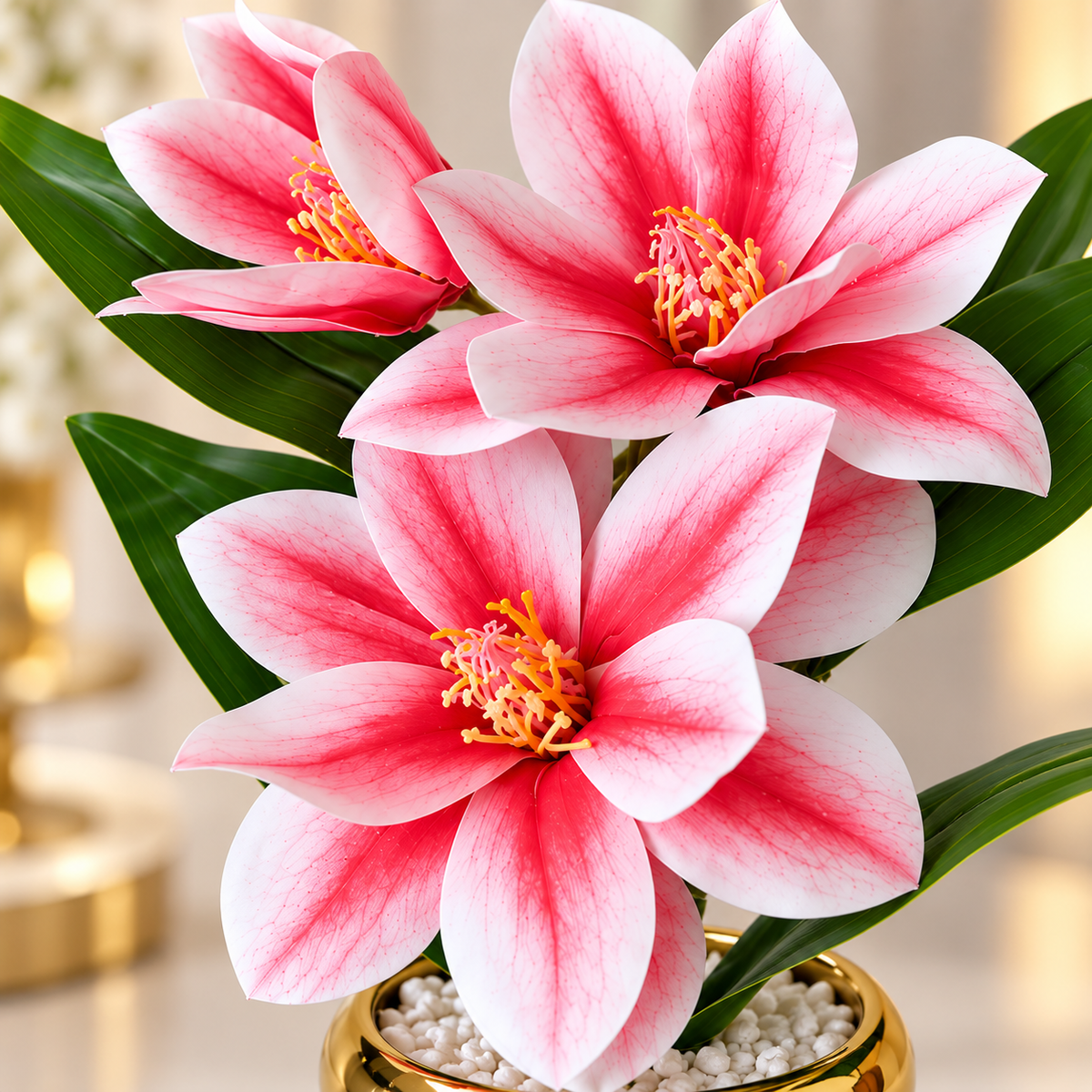 Pink Artificial Flowers in Golden Ceramic Pot for Home Décor