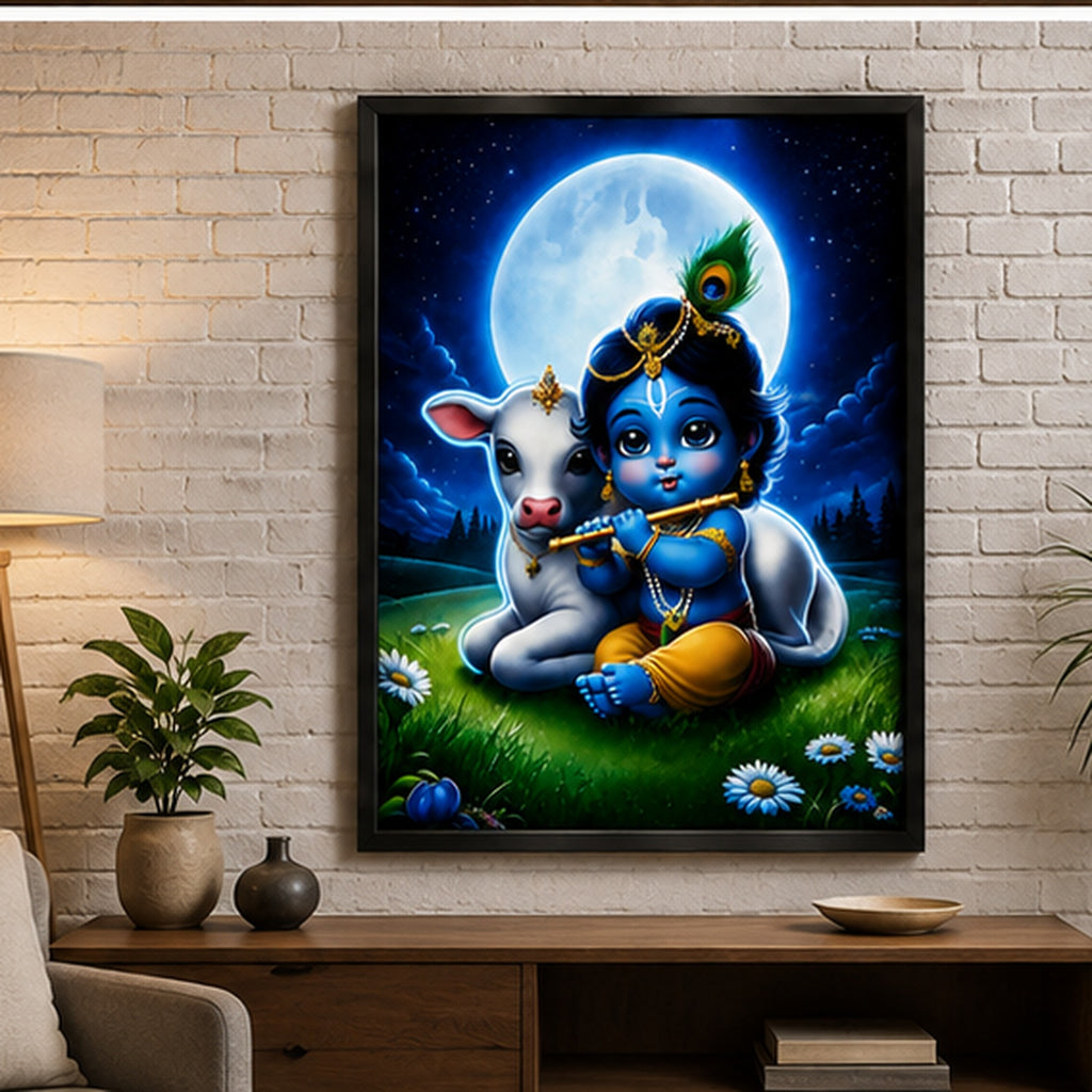 Bal Krishna Wall Painting | Cute Krishna Ji with Cow Religious Wall Art Decor