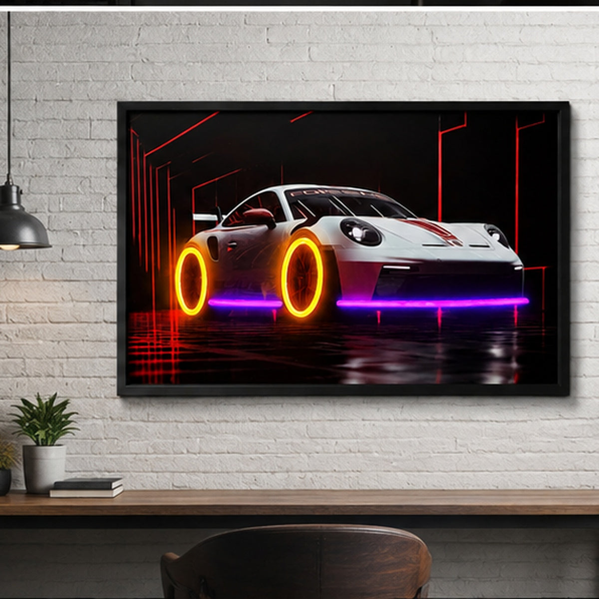 Neon Light Porsche Car Wall Painting | Luxury Sports Car Wall Art & Decor