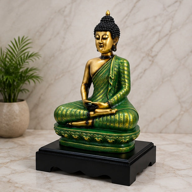 Green Buddha Statue Resin Meditation Idol | 33.02 x 19.05 cm Home Décor