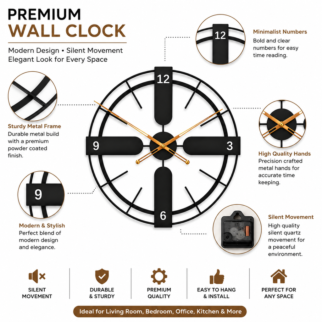Metal Black Wall Clock 24×24 Inch, Rust-Proof Iron Modern Wall Decor