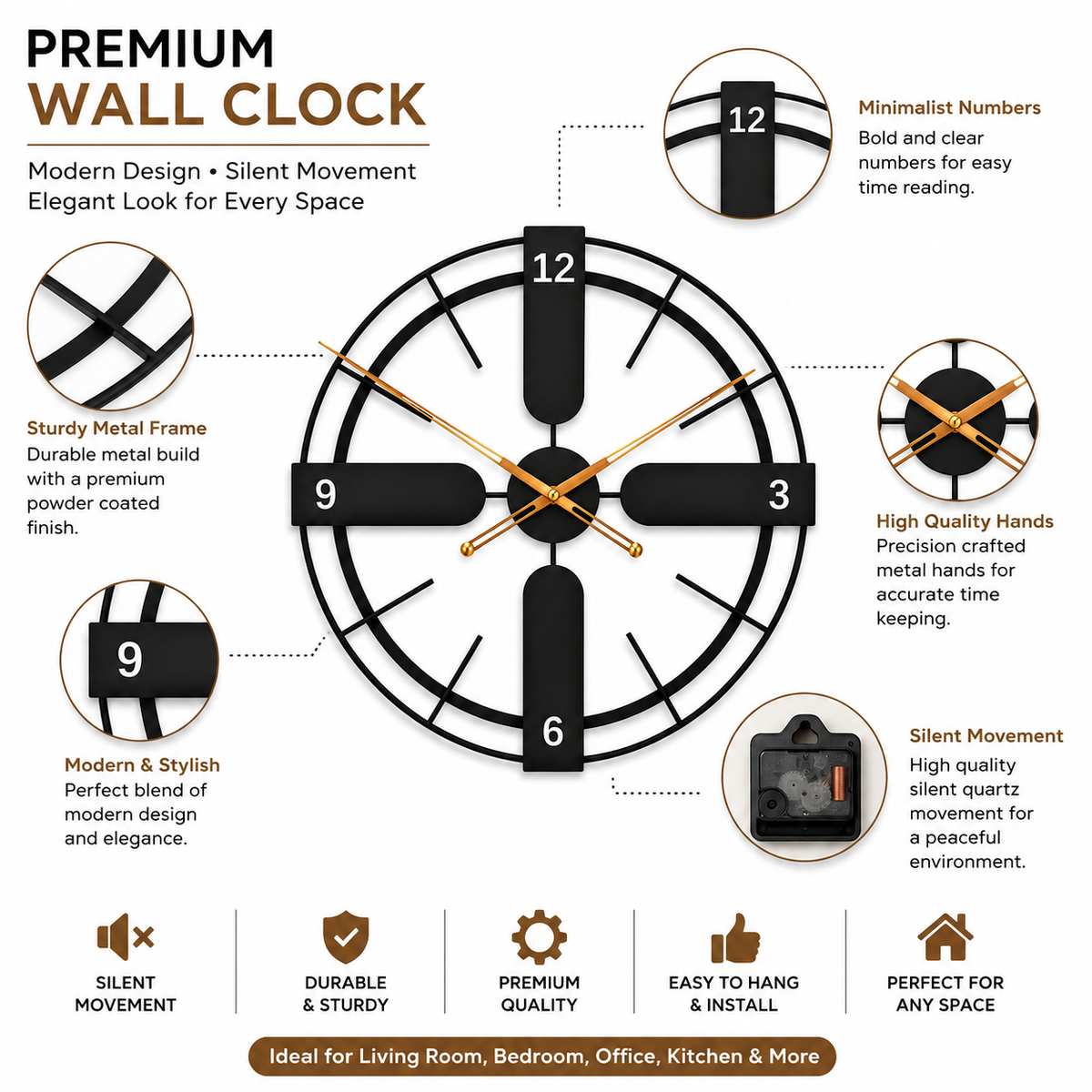 Metal Black Wall Clock 24×24 Inch, Rust-Proof Iron Modern Wall Decor