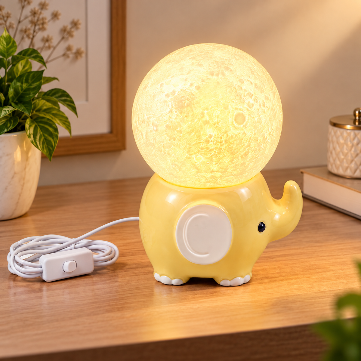 Cute Yellow Elephant Moon Lamp with Warm Light | Decorative Night Lamp