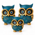 Three Piece Blue Owl Showpiece Set with Gold Detailing | Decorative Owl Figurines