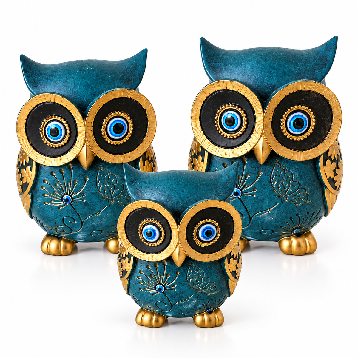 Three Piece Blue Owl Showpiece Set with Gold Detailing | Decorative Owl Figurines