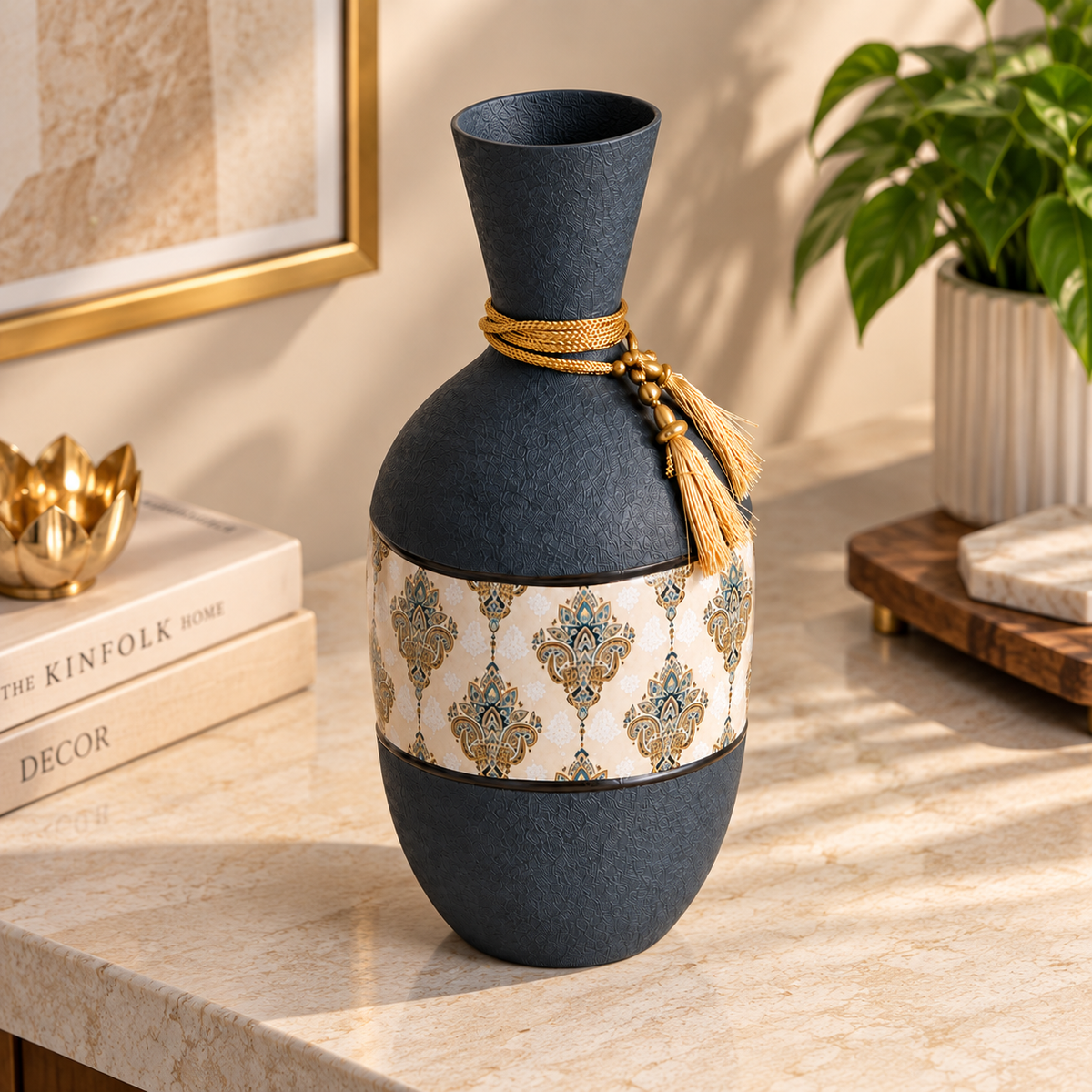Elegant Grey Metal Decorative Vase with Golden Tassel & Premium Pattern