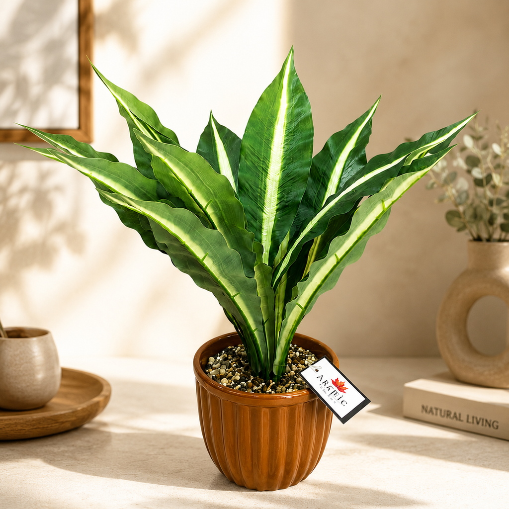 Ceramic Artificial Flower Pot with Green Plant | 15 x 5.5 Inch Decorative Planter