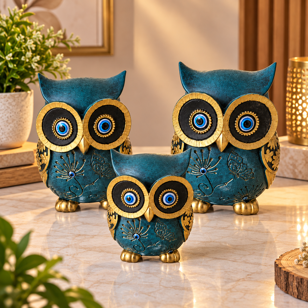 Three Piece Blue Owl Showpiece Set with Gold Detailing | Decorative Owl Figurines