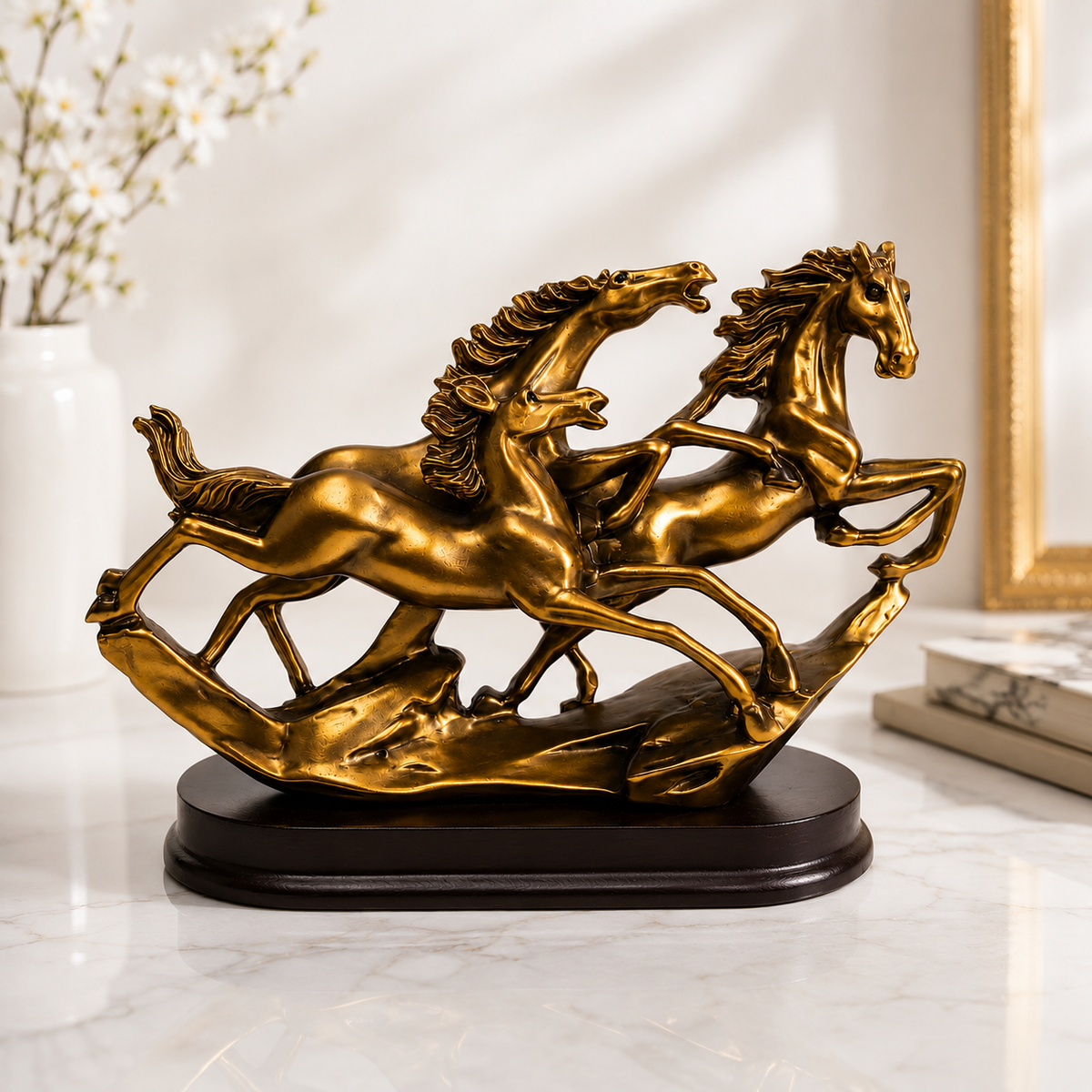 Three Horses Showpiece 6 x 6.5 Inch Golden Horse Figurine with Black Base