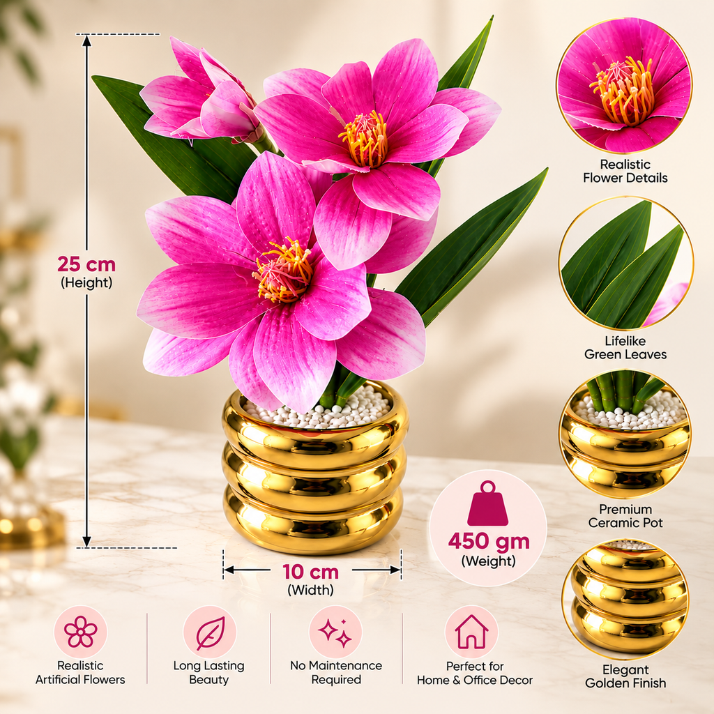 Pink Artificial Flower Pot with Golden Ceramic Vase | Home Décor