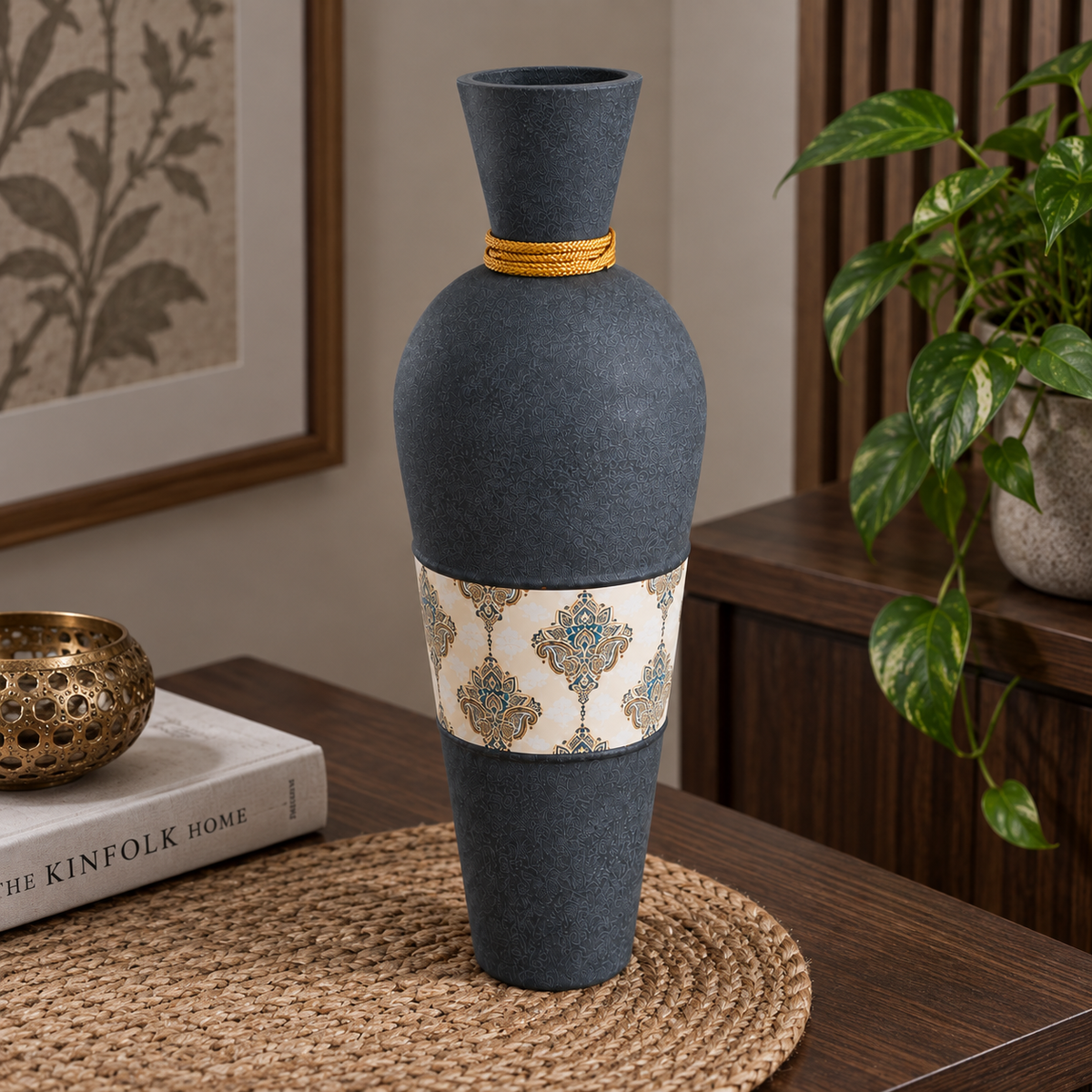Blue Metal Decorative Vase with Golden Tassel & Premium Pattern for Home Decor